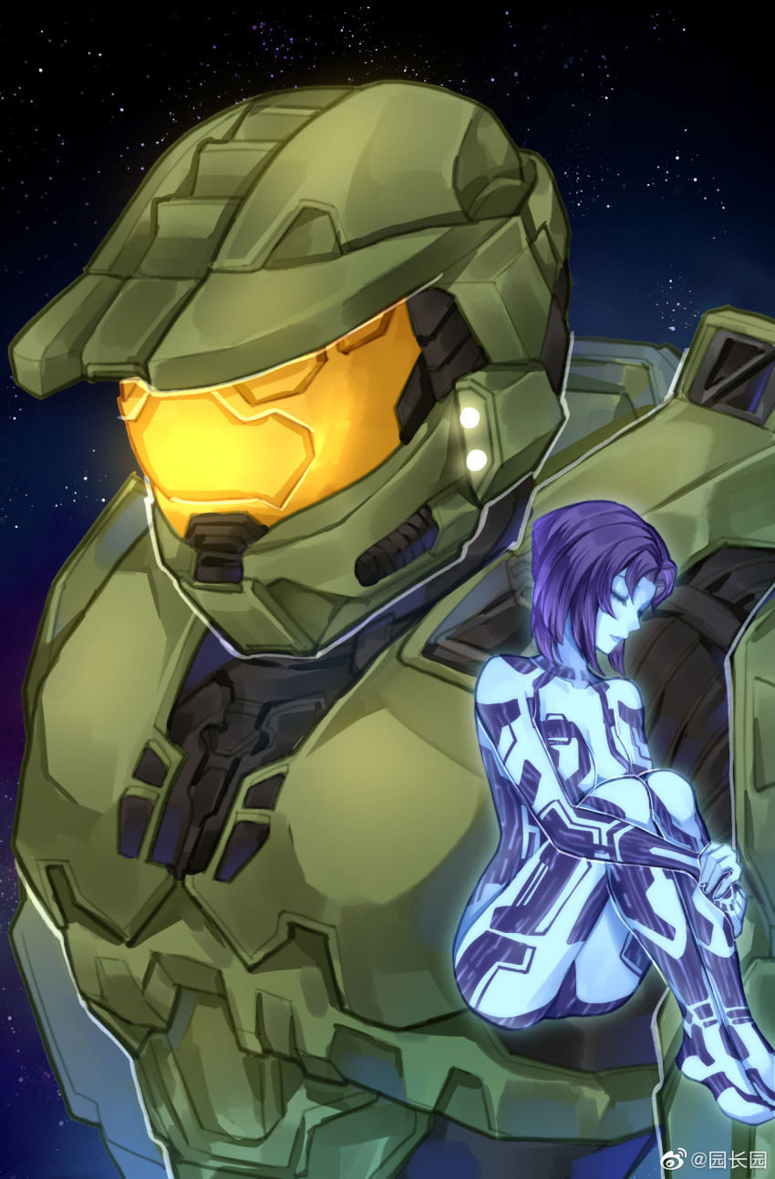 1boy 1girl armor assault_visor blue_skin chinese_commentary closed_eyes colored_skin cortana green_helmet halo_(series) halo_3 helmet highres hologram hugging_own_legs looking_down master_chief power_armor short_hair sitting sky_kiki space spartan_(halo) star_(sky) weibo_username weibo_watermark