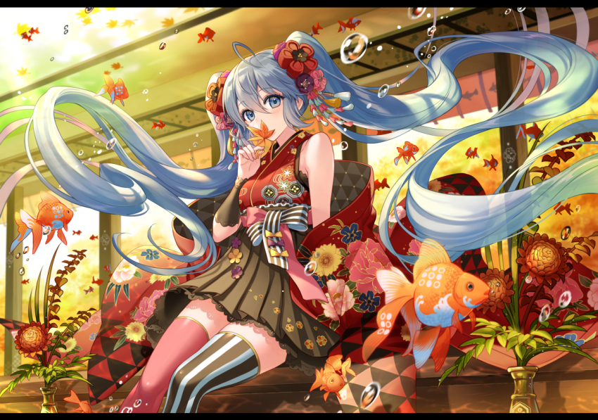 1girl ahoge air_bubble animal architecture asymmetrical_legwear autumn autumn_leaves bare_shoulders black_skirt blue_eyes blue_hair bubble covered_mouth day east_asian_architecture feet_out_of_frame fish floating_hair floral_print flower goldfish hair_between_eyes hair_flower hair_ornament hakama hakama_short_skirt hakama_skirt haori hatsune_miku holding holding_leaf immersed japanese_clothes kanzashi kimono lace lace-trimmed_skirt lace_trim leaf letterboxed long_hair looking_at_viewer maple_leaf michi_(iawei) miniskirt mismatched_legwear off_shoulder pleated_skirt print_kimono red_thighhighs sash short_kimono sidelocks sitting skirt sleeveless sleeveless_kimono solo striped_clothes striped_thighhighs submerged tassel thighhighs twintails underwater vase vertical-striped_clothes vertical-striped_thighhighs very_long_hair vocaloid zettai_ryouiki