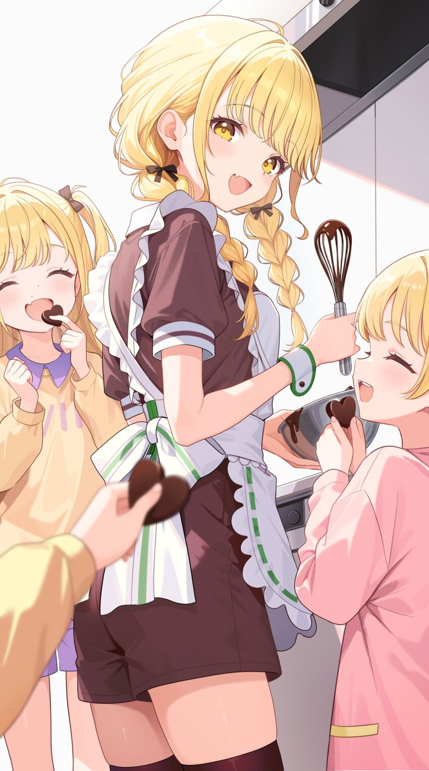 4girls ^_^ alternate_costume apron black_thighhighs blonde_hair braid brown_dress brown_thighhighs candy chocolate chocolate_heart closed_eyes commentary_request dress enmaided fang food fujita_kotone fujita_kotone&#039;s_sister gakuen_idolmaster heart heart-shaped_food highres holding holding_chocolate holding_food holding_whisk idolmaster indoors kitano_yukito kitchen long_hair looking_at_viewer maid multiple_girls open_mouth pov pov_hands puffy_short_sleeves puffy_sleeves short_sleeves siblings sisters skin_fang smile standing thighhighs twin_braids whisk white_apron wrist_cuffs yellow_eyes