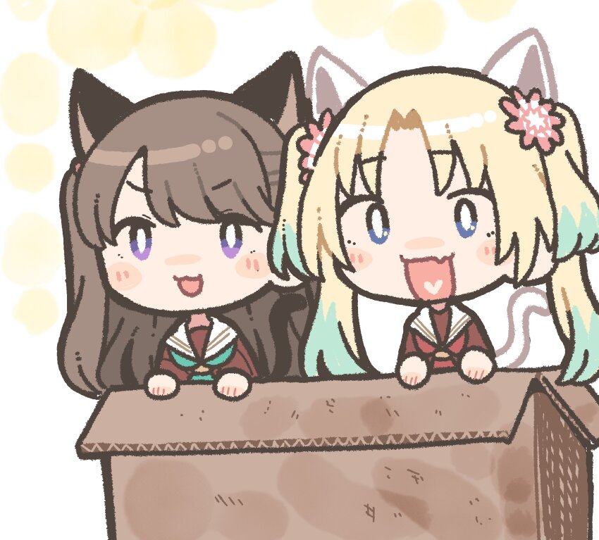 2girls :3 :d animal_ears aqua_hair aqua_neckerchief bad_id bad_twitter_id blonde_hair blue_eyes box brown_dress brown_hair cardboard_box cat_ears cat_girl cat_tail chibi chibi_only colored_tips dress fang flower fujishima_megumi hair_flower hair_ornament hasu_no_sora_school_uniform heart heart_in_mouth henyomen highres in_box in_container kemonomimi_mode link!_like!_love_live! long_hair long_sleeves looking_at_viewer love_live! mira-cra_park! multicolored_hair multiple_girls neckerchief open_mouth osawa_rurino parted_bangs pink_flower purple_eyes red_neckerchief sailor_collar sailor_dress school_uniform skin_fang smile tail twintails two_side_up v-shaped_eyebrows virtual_youtuber white_background white_sailor_collar winter_uniform