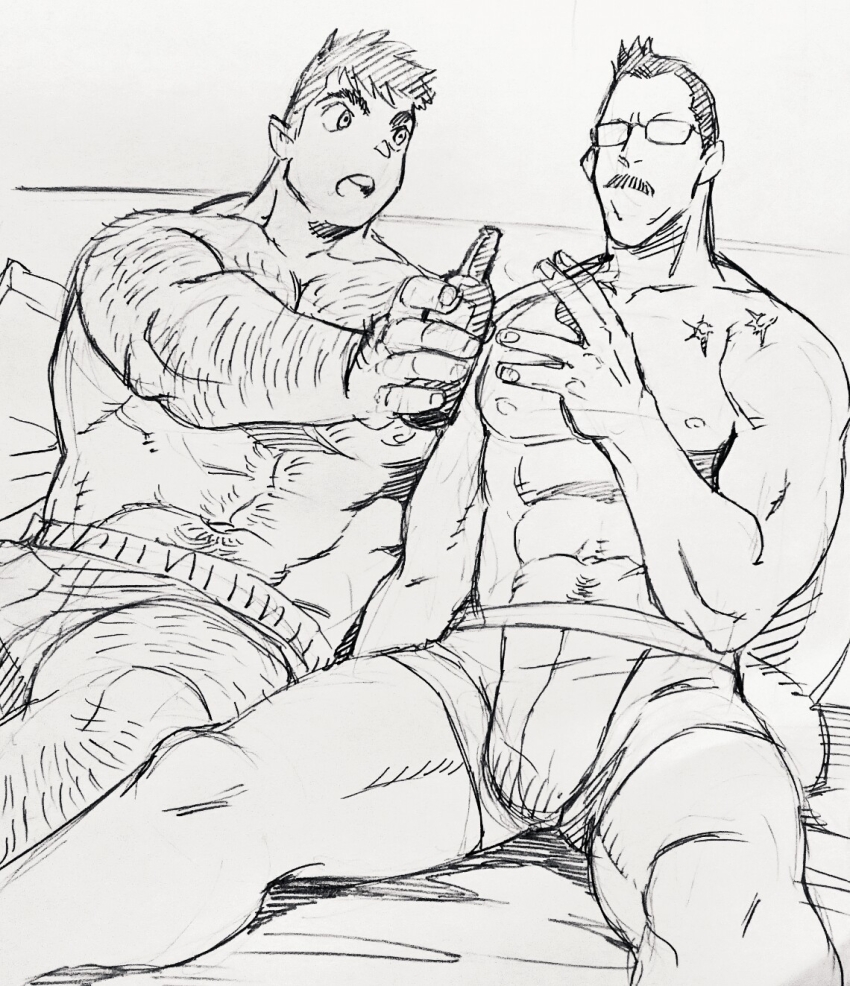 2boys abs arm_hair bara billy_russell_(dickfish) bottle boxers bulge chest_hair cigarette couple dickfish_(fishismdick) facial_hair feet_out_of_frame glasses hairy highres holding holding_bottle holding_cigarette john_rottweil_(dickfish) large_pectorals leg_hair male_focus male_underwear mature_male multiple_boys muscular muscular_male mustache navel navel_hair nipples on_bed original pectorals scan short_hair sideburns sitting sketch stomach thick_eyebrows thick_thighs thighs topless_male traditional_media underwear yaoi