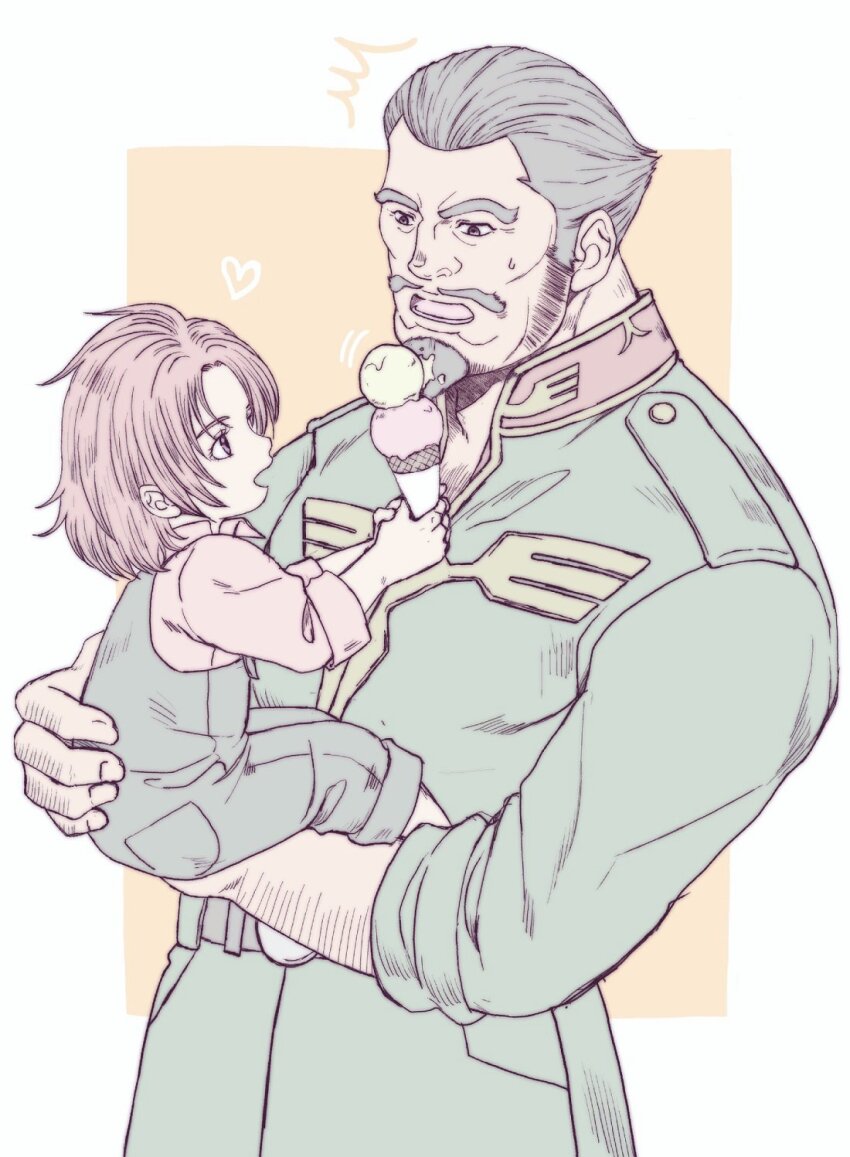 1boy 1girl aged_down beard carrying facial_hair father_and_daughter food gundam gundam_unicorn highres ice_cream marida_cruz military military_uniform orange_hair siodam410 suberoa_zinnerman zeon