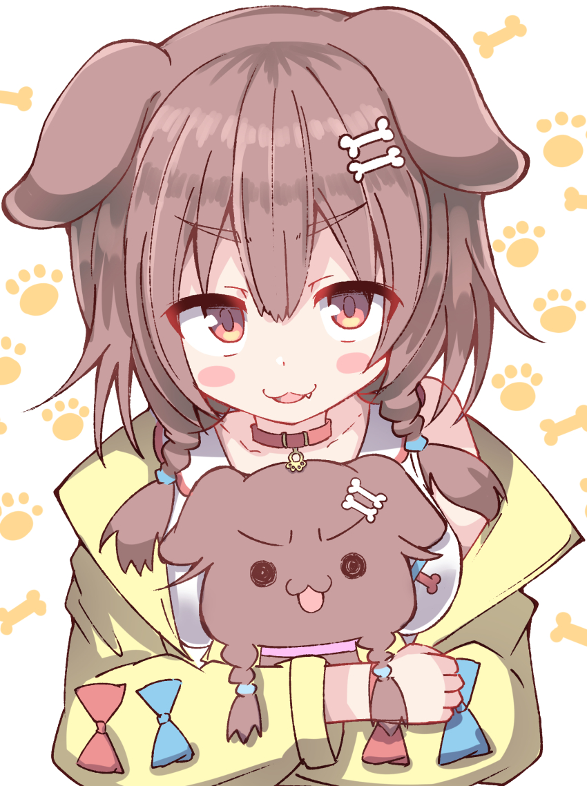 1girl :d absurdres animal_ears bare_shoulders blue_bow blush_stickers bone_hair_ornament bow braid brown_eyes brown_hair cartoon_bone collar collarbone commentary_request dog_ears dress fang hair_between_eyes hair_ornament hair_over_shoulder highres hololive inugami_korone inugami_korone_(1st_costume) inugami_korone_(dog) jacket long_sleeves looking_at_viewer low_twintails off_shoulder open_clothes open_jacket open_mouth paw_print paw_print_background puffy_long_sleeves puffy_sleeves red_bow red_collar simple_background sleeveless sleeveless_dress smile twin_braids twintails umberblack v-shaped_eyebrows virtual_youtuber white_background white_dress yellow_jacket