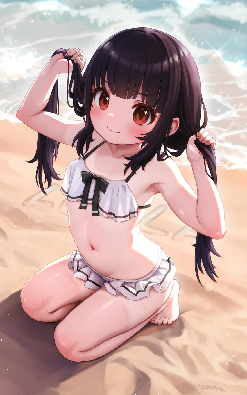 1girl absurdres armpits arms_up barefoot beach bikini black_hair blush breasts comodomodo feet highres holding holding_own_hair kneeling long_hair looking_at_viewer lulla_(comodomodo) navel original outdoors red_eyes small_breasts smile solo stomach swimsuit thighs toes white_bikini