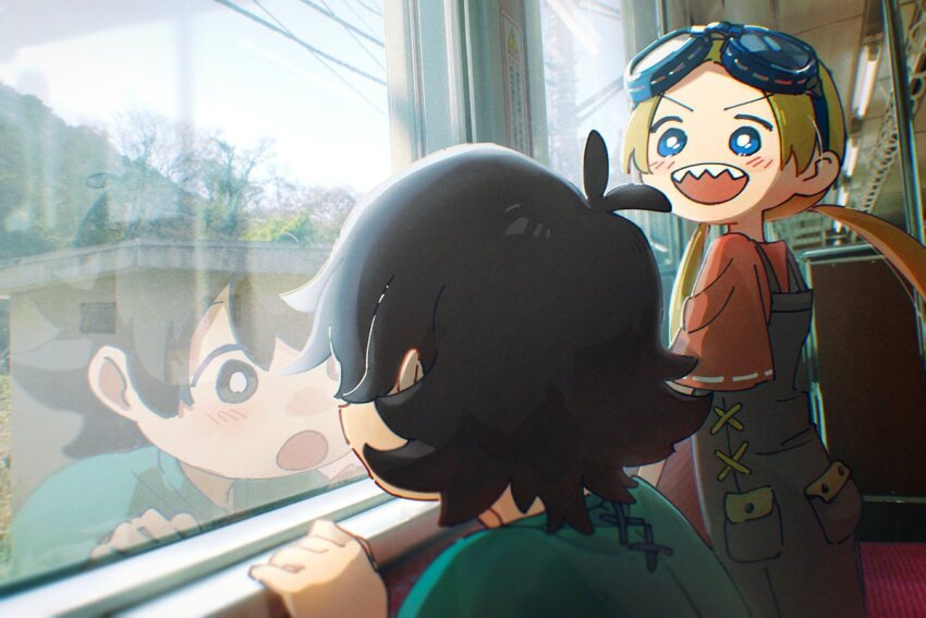 1boy 1girl aoyagilila aqua_shirt black_hair black_overalls blonde_hair child goggles goggles_on_head loca! looking_outside open_mouth overalls photo_background red_shirt reflection sharp_teeth shirt short_sleeves teeth train_interior twintails v-shaped_eyebrows window