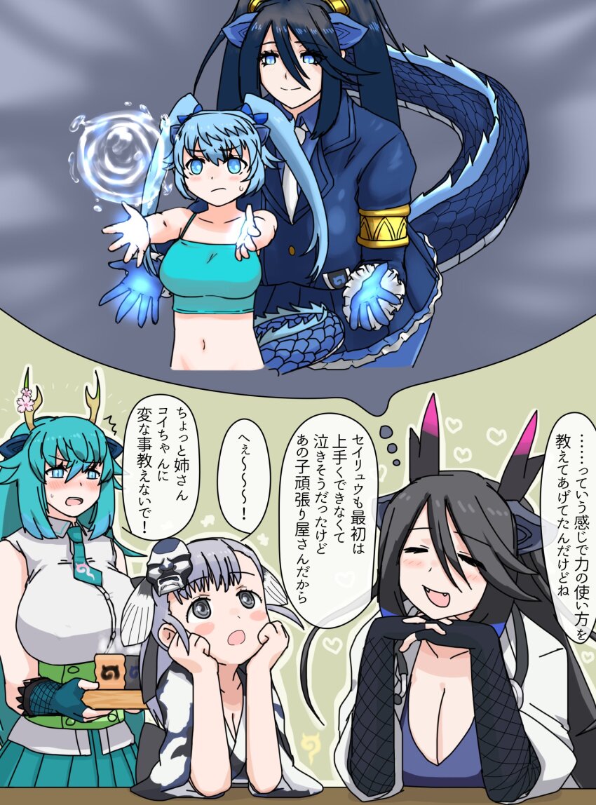 3girls aged_down animal_ears bare_shoulders black_dragon_(kemono_friends) black_hair blue_dragon_(kemono_friends) blue_eyes blue_gloves blue_hair blue_jacket blue_necktie blue_pantyhose blue_skirt blush bow breasts cleavage coat collared_shirt cosplay crop_top doctor dragon_ears dragon_girl dragon_horns dragon_tail ear_tufts extra_ears fangs fingerless_gloves fins fish_girl fish_tail fishnet_gloves fishnets frilled_gloves frills gloves grey_eyes grey_hair hair_between_eyes hair_bow head_fins highres horns huge_breasts jacket japanese_clothes japari_symbol jinmen-gyo_(kemono_friends) kemono_friends kemono_friends_3 kimono kusamogura lab_coat large_breasts long_hair long_sleeves magic mask mask_on_head multicolored_hair multicolored_horns multiple_girls necktie open_clothes open_coat open_mouth pantyhose pink_horns pleated_skirt ponytail purple_horns remembering scale_print seiryuu_(kemono_friends) seiryuu_(kemono_friends)_(cosplay) shirt siblings sisters skirt sleeveless smile stethoscope tail translated water white_coat white_necktie yellow_horns