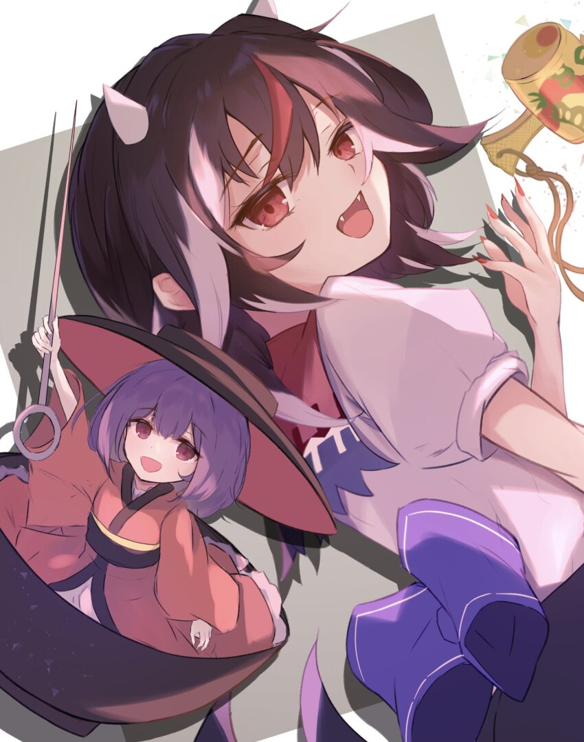 2girls black_hair bowl bowl_hat fangs hat highres horns japanese_clothes kijin_seija kimono looking_at_viewer lugoner1430 miracle_mallet multicolored_hair multiple_girls needle purple_hair red_eyes red_hair red_kimono streaked_hair sukuna_shinmyoumaru touhou upper_body white_hair