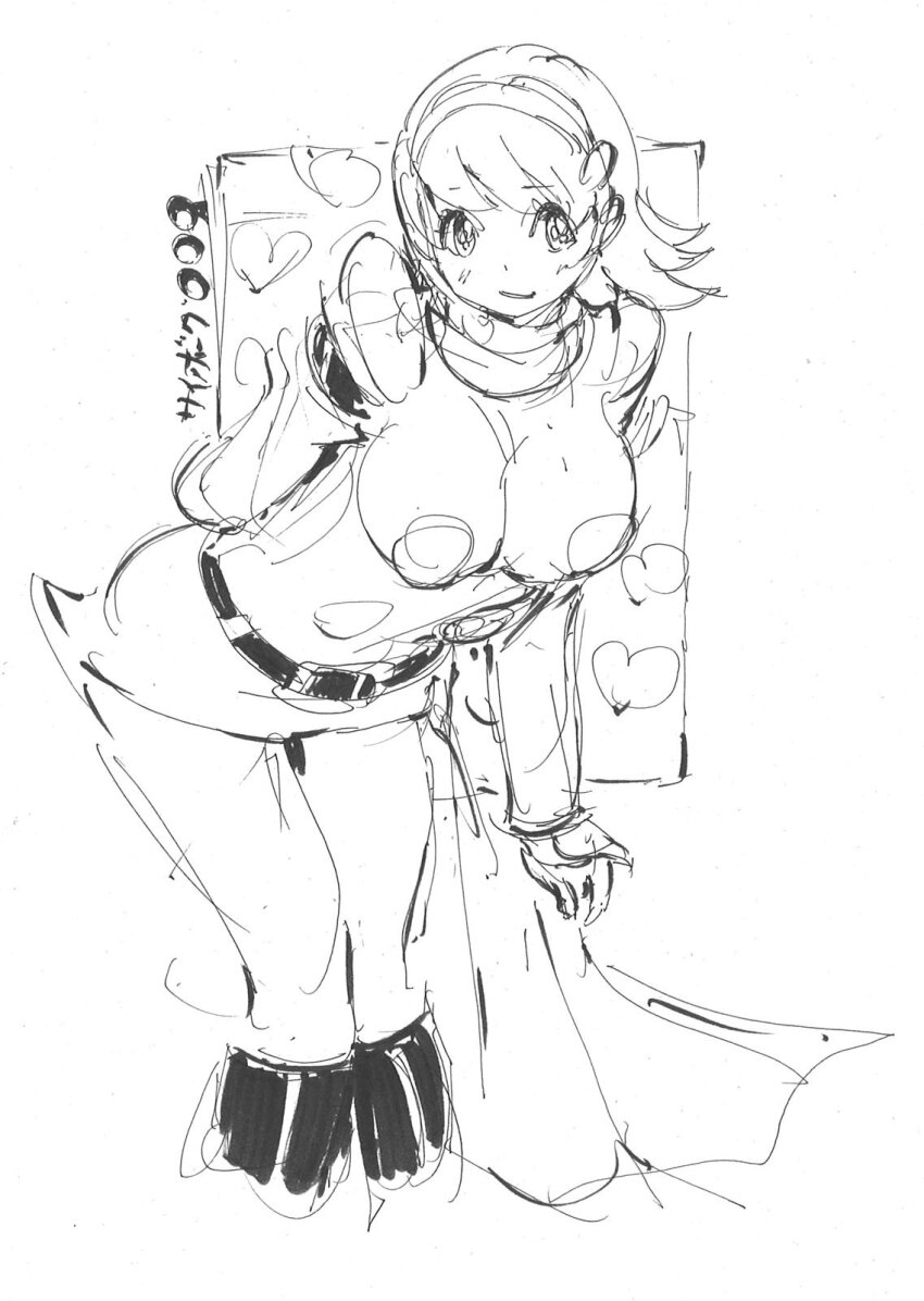 1girl belt breasts closed_mouth copyright_name cyborg_009 francoise_arnoul greyscale hairband highres long_hair looking_at_viewer monochrome scarf sketch skirt smile solo yasuda_akira