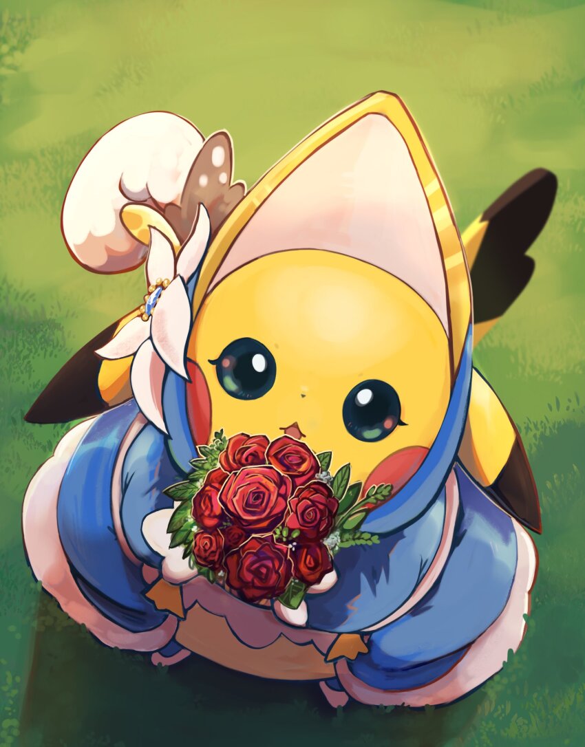 :o black_eyes blue_dress bouquet chufflepop clothed_pokemon cosplay cosplay_pikachu creatures_(company) dress ears_down flower game_freak gen_1_pokemon highres holding holding_bouquet leaf looking_at_viewer nintendo on_grass pikachu pikachu_(cosplay) pikachu_belle pokemon pokemon_(creature) red_flower red_rose rose white_flower yellow_fur