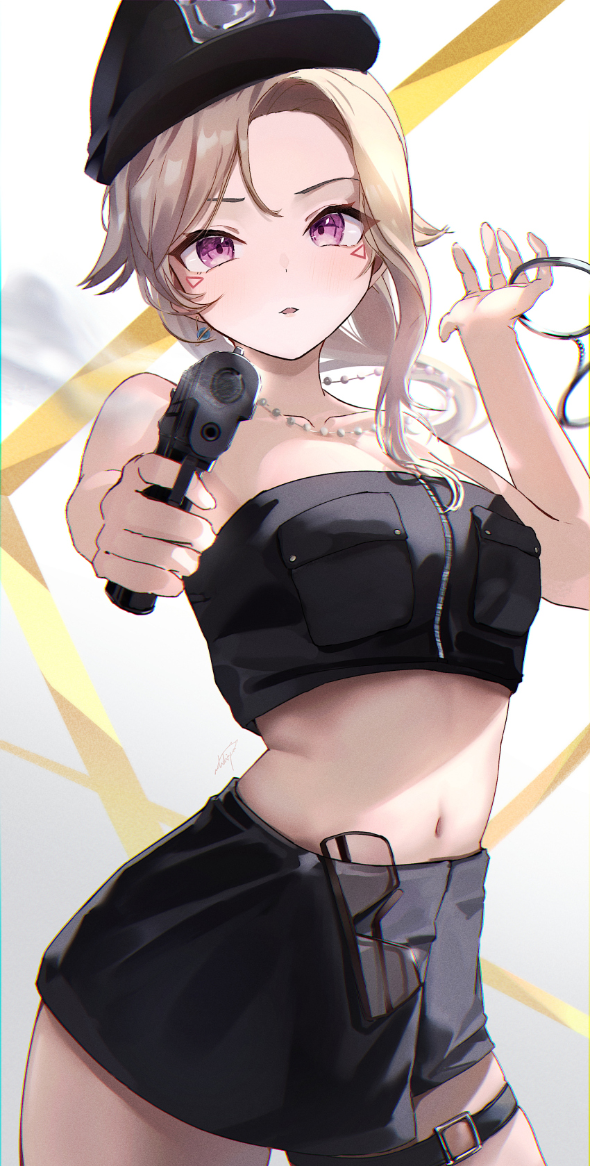 1girl absurdres alternate_costume bare_shoulders black_skirt blonde_hair cuffs eyewear_hang facial_mark gun handcuffs handgun hat highres holding holding_gun holding_weapon jewelry komori_met looking_at_viewer muchi2p necklace open_mouth pearl_necklace planet_earrings police police_hat police_uniform policewoman purple_eyes simple_background skirt solo stomach thigh_strap triangle triangle_facial_mark unworn_eyewear virtual_youtuber vspo! weapon