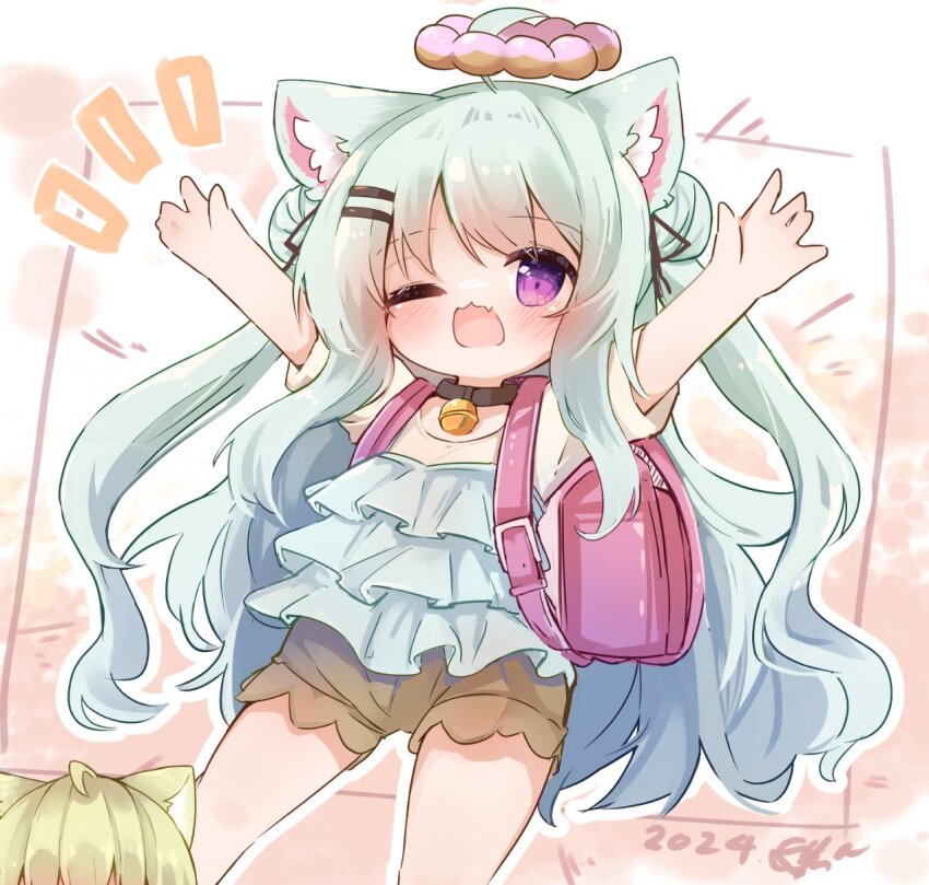 &gt;_o 2girls ahoge animal_ear_fluff animal_ears arms_up backpack bag bell blush breasts camisole cat_girl collar cowboy_shot curly_hair double_bun fang hair_bun hair_ornament hair_ribbon hairpin halo hands_up highres jingle_bell long_hair looking_at_viewer multicolored_hair multiple_girls multiple_hairpins one_eye_closed open_mouth original purple_eyes randoseru ribbon short_shorts short_sleeves shorts sidelocks signature small_breasts smile solo_focus standing sunapua