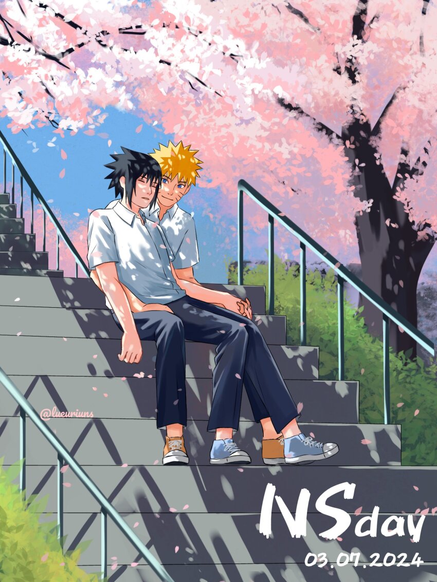 2boys arm_around_waist black_hair black_pants blonde_hair blue_eyes blue_footwear blue_sky cherry_blossoms closed_eyes closed_mouth collared_shirt dated facial_mark falling_petals flower full_body grass highres holding_hands looking_at_another lueuriuns male_focus multiple_boys naruto_(series) naruto_shippuuden orange_footwear outdoors pants petals pink_flower pink_petals railing shirt shoes sitting sitting_on_stairs sky sneakers spiked_hair stairs tree twitter_username uchiha_sasuke uzumaki_naruto whisker_markings white_shirt yaoi