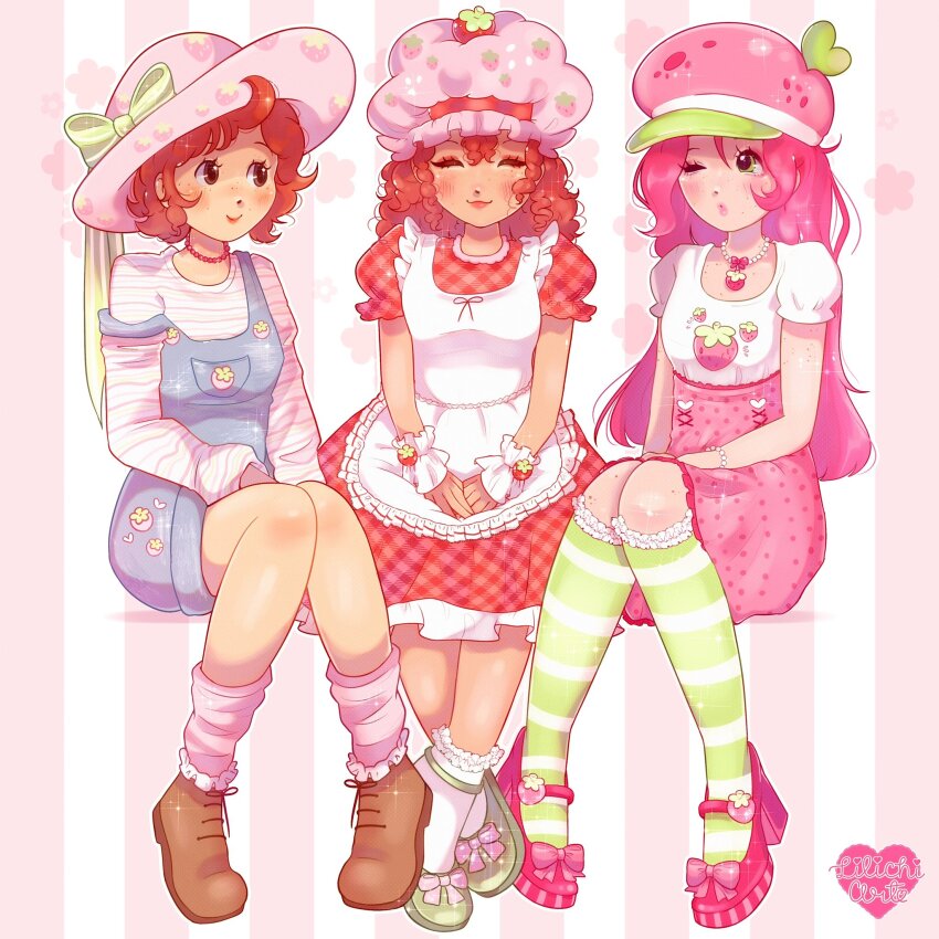 3girls apron commentary dress english_commentary food food-themed_hat frills fruit full_body high_heels highres kneehighs lilichiart long_hair multiple_girls multiple_persona overalls pink_theme red_dress red_hair ribbon short_hair sitting socks strawberry strawberry_shortcake_(copyright) strawberry_shortcake_(sbsc) striped_clothes striped_socks