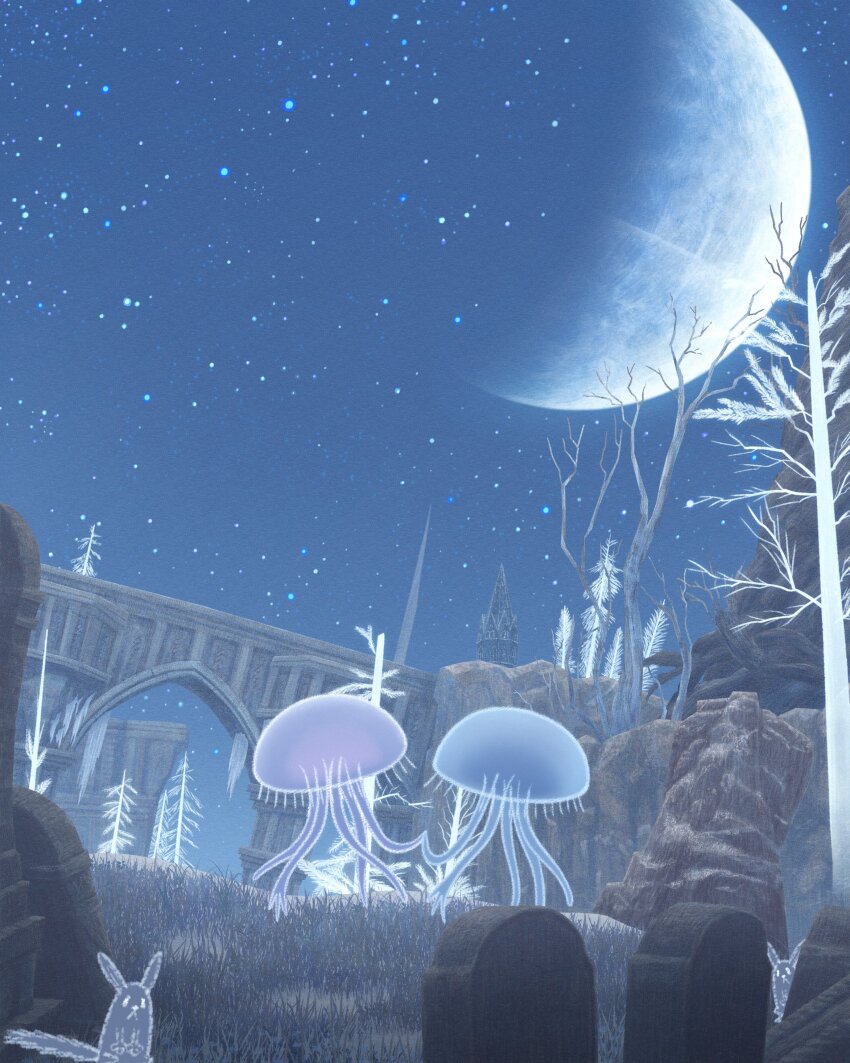 2others absurdres aurelia_(elden_ring) aureliette_(elden_ring) bibuo bridge commentary_request elden_ring grass grave highres jellyfish moon multiple_others night night_sky outdoors rabbit rock scenery sky spirit star_(sky) starry_sky tombstone tree