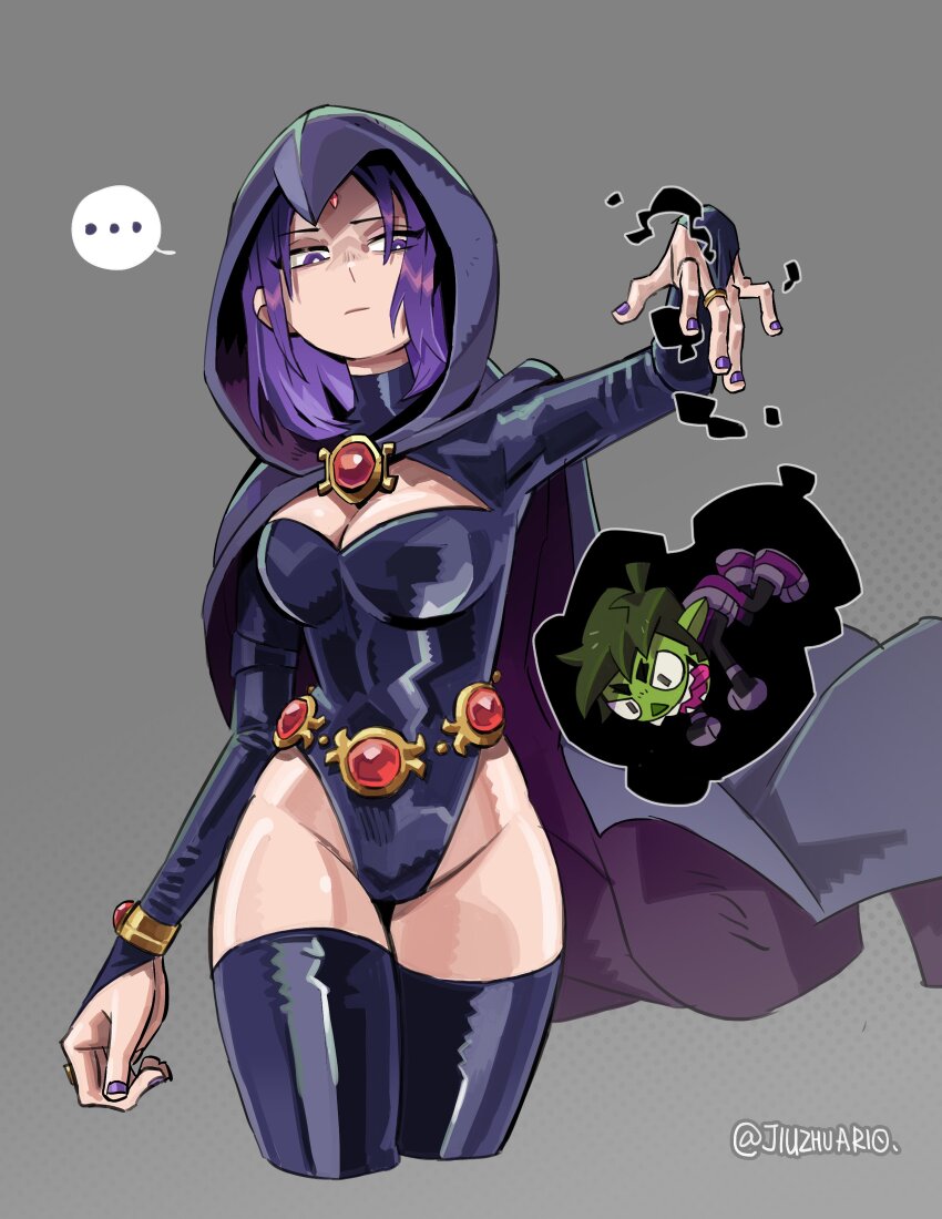 ... 1girl absurdres artist_name beast_boy_(dc) black_leotard black_thighhighs breasts cameltoe cropped_legs forehead_jewel grey_background groin highres jiuzhua-rio leotard medium_hair nail_polish purple_eyes purple_hair purple_nails raven_(dc) shiny_skin sleeved_leotard solo speech_bubble teen_titans_go! thighhighs