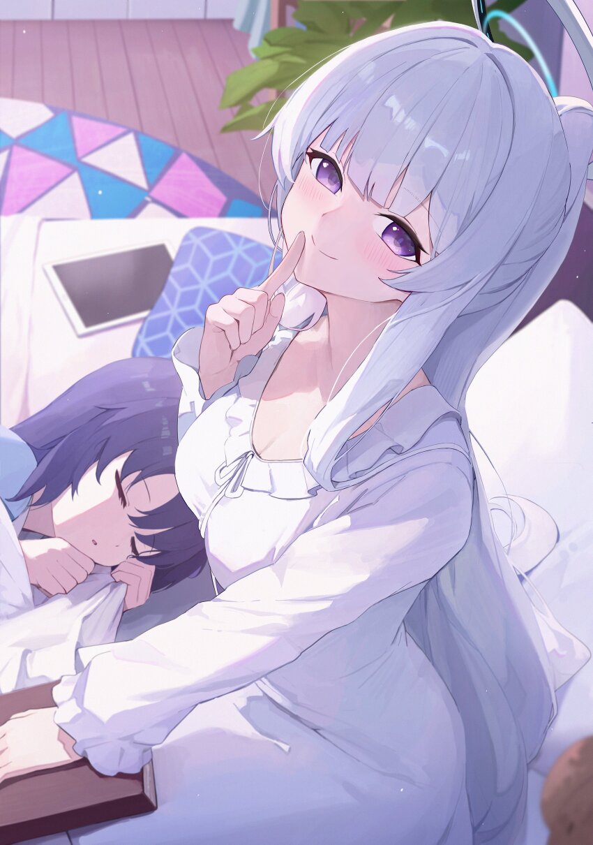 2girls absurdres blue_archive blue_pajamas blue_shirt blush closed_eyes dress enokinoko1010 finger_to_mouth hair_between_eyes hand_on_book highres long_hair looking_at_viewer multiple_girls noa_(pajamas)_(blue_archive) on_bed pajamas purple_eyes purple_hair shirt shushing sidelocks sleeping smile under_covers white_dress white_hair white_pajamas yuuka_(pajamas)_(blue_archive)