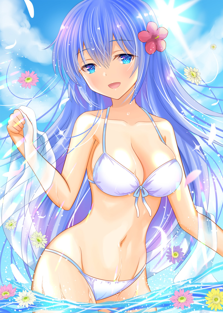 1girl bikini blue_eyes blue_hair blue_sky breasts cleavage cloud collarbone commentary_request cowboy_shot emori_miku flower front-tie_top hair_flower hair_ornament hibiscus highres liver_city long_hair medium_breasts sky smile solo sun swimsuit uonuma_yuu white_bikini