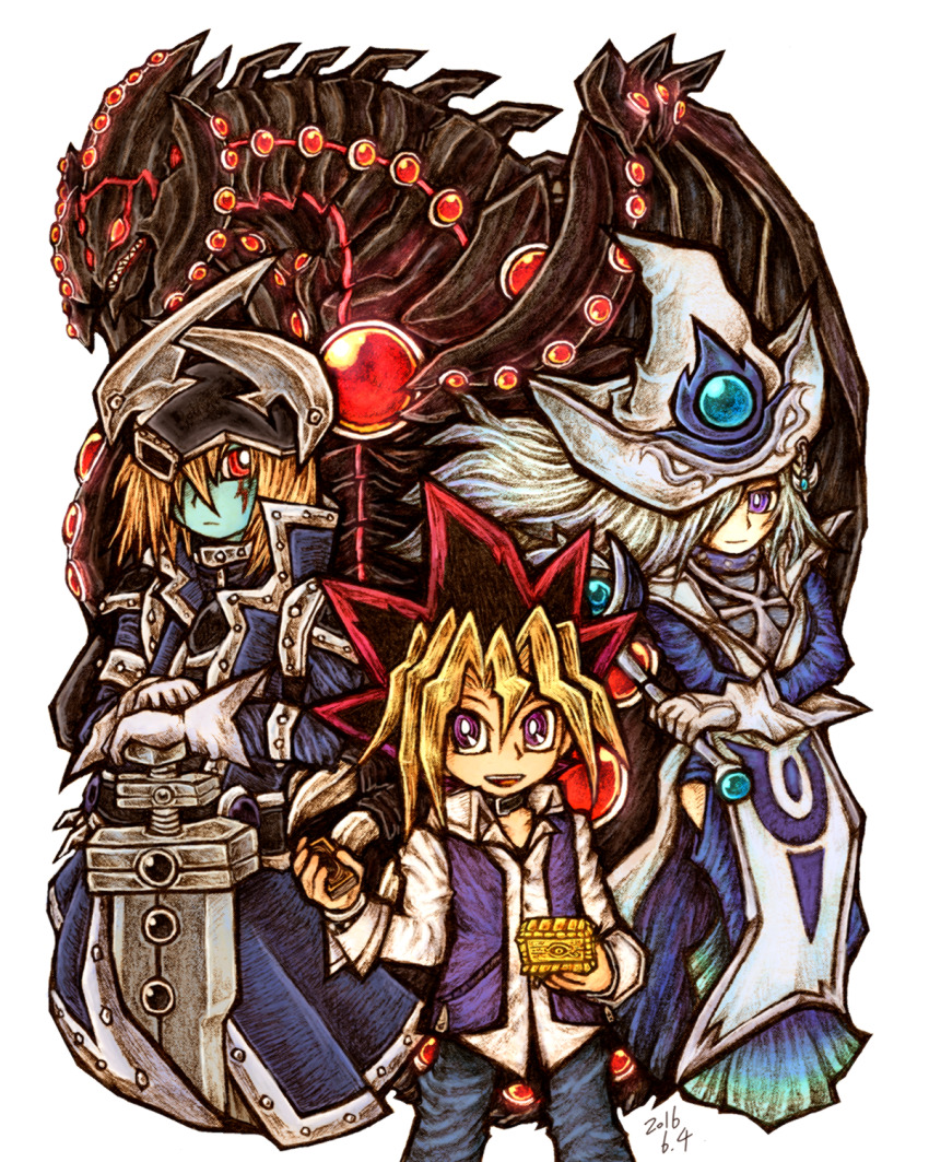 1girl 2boys black_choker blonde_hair blue_dress blue_pants card choker crossed_arms dated dragon dress fake_horns gandora-x_the_dragon_of_demolition gloves gold_sarcophagus hair_over_one_eye hat helmet highres holding holding_card holding_staff holding_sword holding_weapon horned_helmet horns long_hair mokyu-mokyu multicolored_hair multiple_boys muto_yugi pants purple_eyes red_eyes silent_magician silent_swordsman staff sword weapon white_gloves white_hat wizard_hat yu-gi-oh!