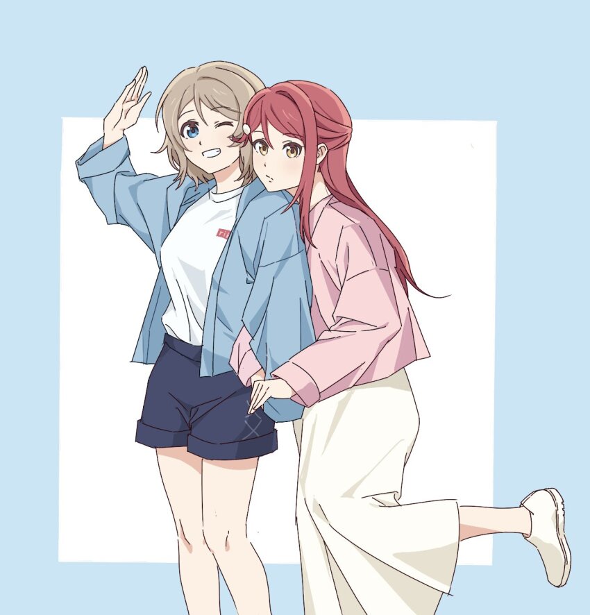 2girls ;d arm_hug arm_up behind_another black_shorts blue_border blue_eyes blue_jacket border breasts brown_hair casual closed_mouth commentary dress feet_out_of_frame foot_out_of_frame grin hailuo35967416 hair_ornament hairclip half_updo hashtag-only_commentary highres jacket leg_up long_dress long_hair long_sleeves love_live! love_live!_sunshine!! medium_breasts multiple_girls one_eye_closed open_clothes open_jacket open_mouth outside_border pink_jacket red_hair sakurauchi_riko salute shirt short_hair shorts simple_background single_sidelock smile standing standing_on_one_leg t-shirt watanabe_you white_background white_dress white_footwear white_shirt yellow_eyes