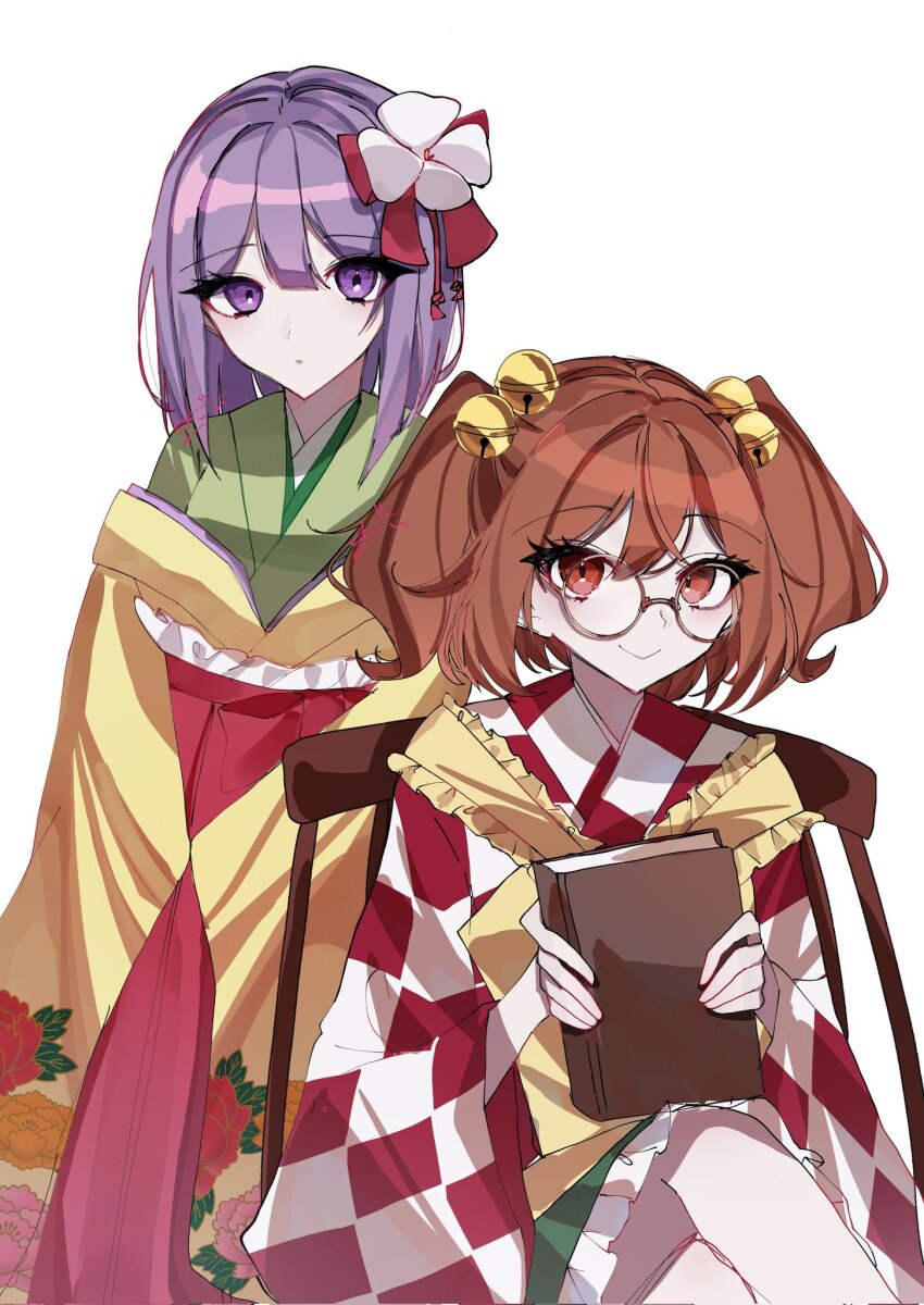 2girls book checkered_clothes checkered_kimono floral_print flower glasses green_kimono hair_flower hair_ornament hieda_no_akyuu highres holding holding_book japanese_clothes kimono knees_up looking_at_viewer motoori_kosuzu multiple_girls orange_eyes purple_eyes round_eyewear shion_343 simple_background sitting touhou white_background white_flower