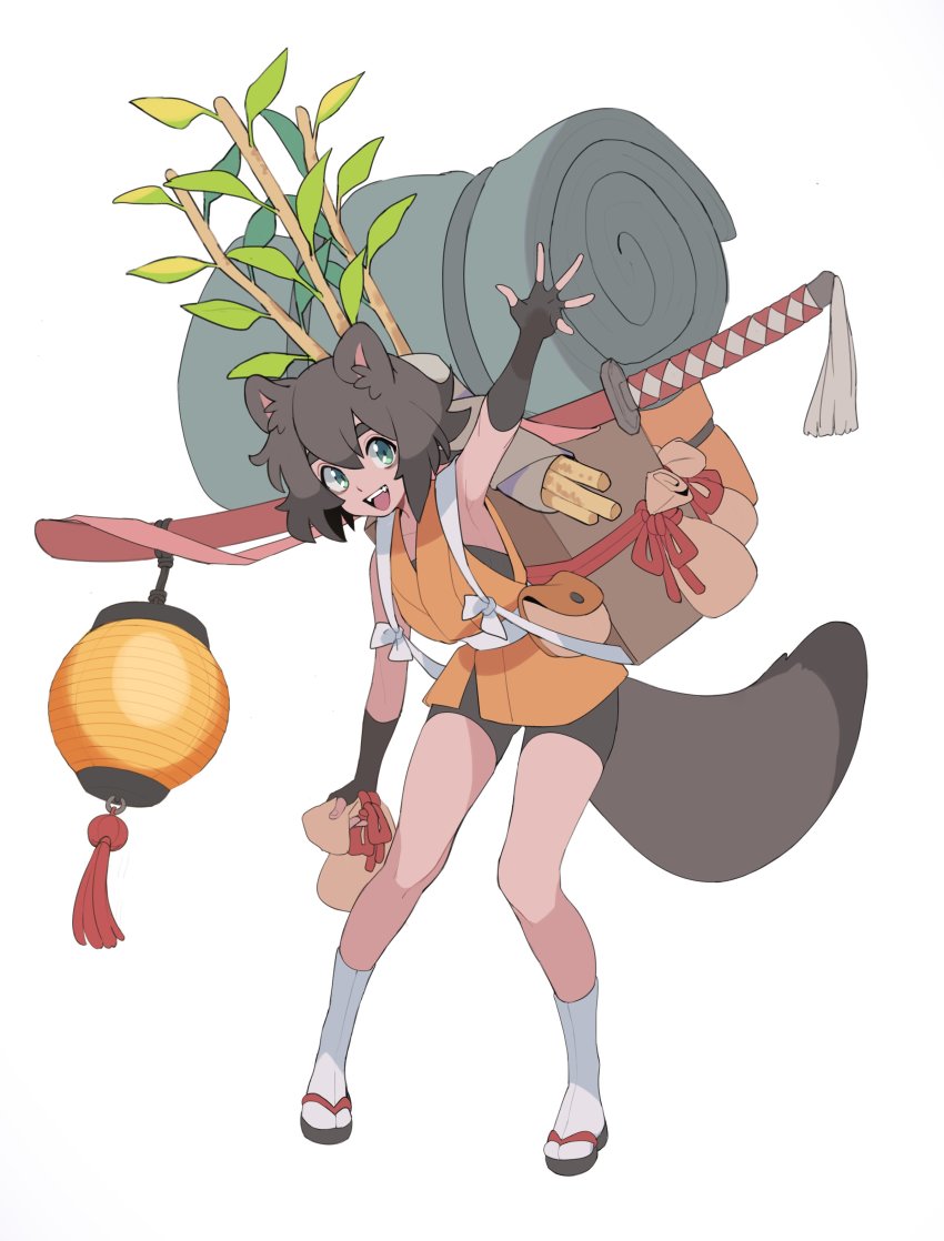 1girl absurdres animal_ears aqua_eyes arm_up armpits azuumori backpack bag black_gloves fingerless_gloves full_body gloves highres katana lantern leaf looking_at_viewer open_mouth original plant raccoon_ears raccoon_tail sandals shorts simple_background sleeveless smile socks solo standing sword tail tanuki weapon white_background white_socks