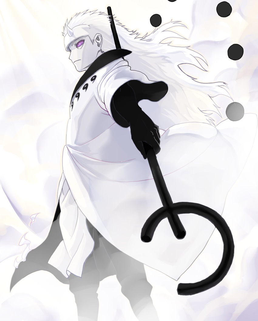 1boy absurdres alternate_form gradient_background highres horns juudara kuukai_(adexi) long_hair male_focus naruto_(series) naruto_shippuuden pale_skin rinnegan solo spiked_hair spoilers staff uchiha_madara white_hair