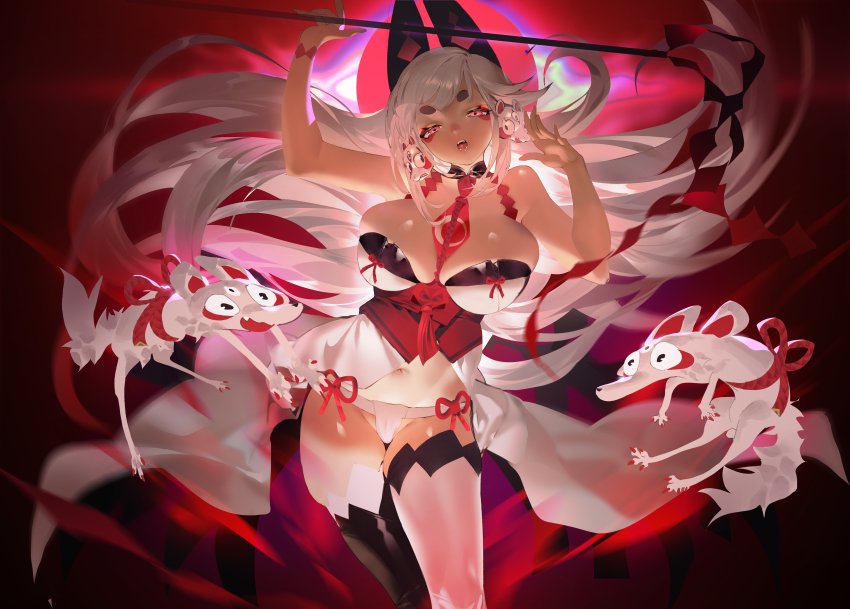 1girl absurdres bad_id bad_pixiv_id breasts dress fox fundoshi gohei highres holding holding_gohei japanese_clothes kitsune large_breasts long_hair looking_at_viewer lower_teeth_only miko necktie nicholas_f open_mouth original solo teeth thick_eyebrows thighhighs upper_teeth_only white_dress white_hair