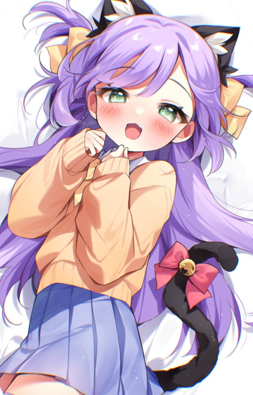 1girl animal_ear_fluff animal_ears bell blue_skirt blush brown_sweater cat_ears cat_girl cat_tail flat_chest gau_(n00_shi) green_eyes hand_to_own_mouth highres jingle_bell long_hair looking_at_viewer lying open_mouth original pleated_skirt purple_hair ribbon school_uniform skirt smile solo sweater tail tail_bell tail_ornament tail_ribbon two_side_up white_background