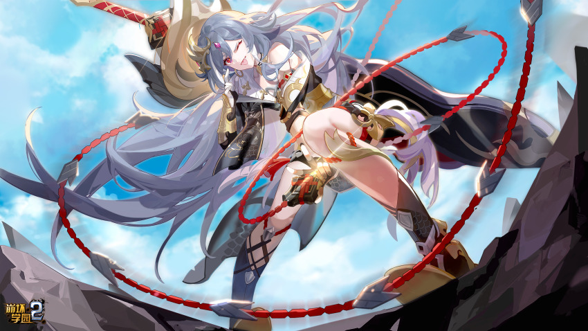 1girl benghuai_xueyuan blue_sky chainsword chinese_clothes cloud copyright_name earrings fu_hua fu_hua_(herrscher_of_sentience) grey_hair hair_ornament highres holding holding_sword holding_weapon honkai_(series) honkai_impact_3rd jewelry logo long_hair official_art one_eye_closed red_eyes second-party_source single_bare_shoulder sky sword tongue tongue_out weapon