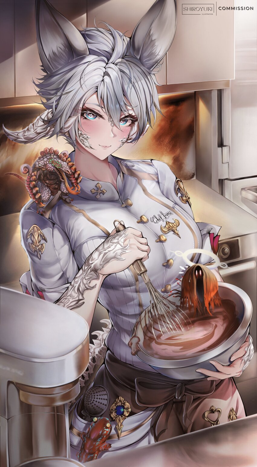 1girl absurdres animal_ears artist_name au_ra blue_eyes blue_gemstone breasts chocolate chocolate_making collared_shirt commission final_fantasy final_fantasy_xiv gem highres holding holding_whisk indoors kitchen large_breasts light_smile looking_at_viewer mixing_bowl scales shiroyuki_(shiroyuki003) shirt short_hair solo whisk whisking white_hair white_shirt