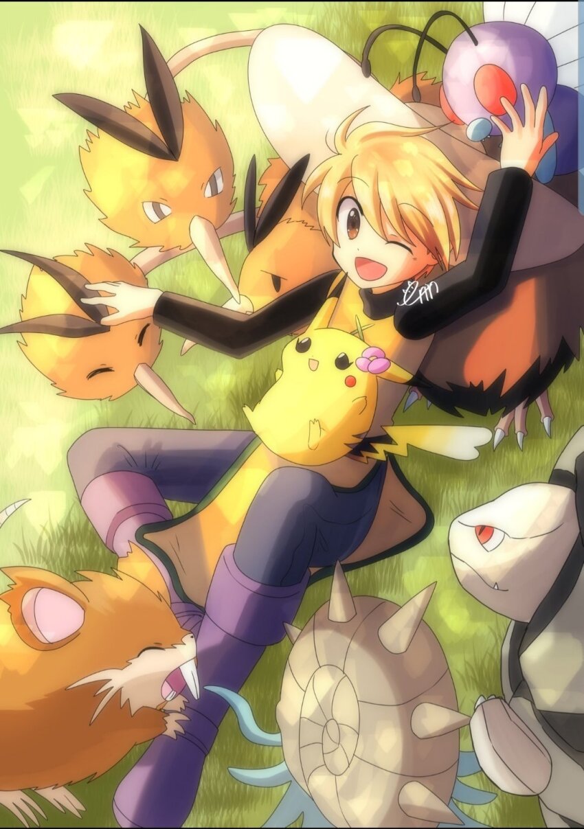 1girl ;d arm_up black_shirt blonde_hair blue_pants boots brown_eyes butterfree commentary_request creatures_(company) dodrio erin_oekaki0803 flower game_freak gen_1_pokemon golem_(pokemon) hair_flower hair_ornament happy hat highres long_sleeves lying nintendo omastar on_back on_grass one_eye_closed open_mouth pants petting pikachu pink_flower pokemon pokemon_(creature) pokemon_adventures purple_footwear raticate shirt short_hair smile straw_hat swept_bangs tunic turtleneck turtleneck_shirt yellow_(pokemon) yellow_tunic