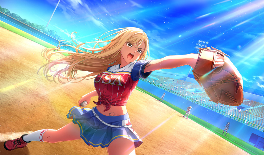 ball baseball baseball_(object) baseball_glove baseball_stadium baseball_uniform belt black_undershirt blonde_hair blue_skirt blurry brown_eyes cinderella_series cloud crowd depth_of_field dutch_angle film_grain floating_hair frida_fernandez_amber game_cg hachigatsu_no_cinderella_nine highres holding holding_ball light_particles light_rays long_hair multicolored_shirt multiple_girls non-web_source official_art open_mouth outdoors pitcher&#039;s_mound pitching playing_sports pleated_skirt red_footwear shirt shirt_under_shirt skirt sky socks solo_focus sportswear sunbeam sunlight sweat tattoo teeth tied_shirt upper_teeth_only v-shaped_eyebrows white_belt white_socks