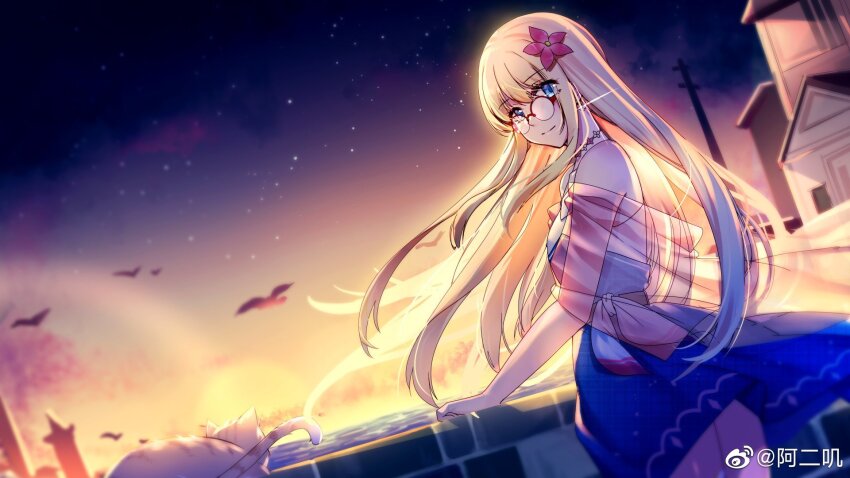 1girl aer_(tengqiu) alternate_costume bird blonde_hair blue_eyes dress dusk flower glasses hair_flower hair_ornament highres hood_(warship_girls_r) long_hair looking_at_viewer outdoors see-through_clothes sky smile solo very_long_hair warship_girls_r weibo_logo weibo_watermark