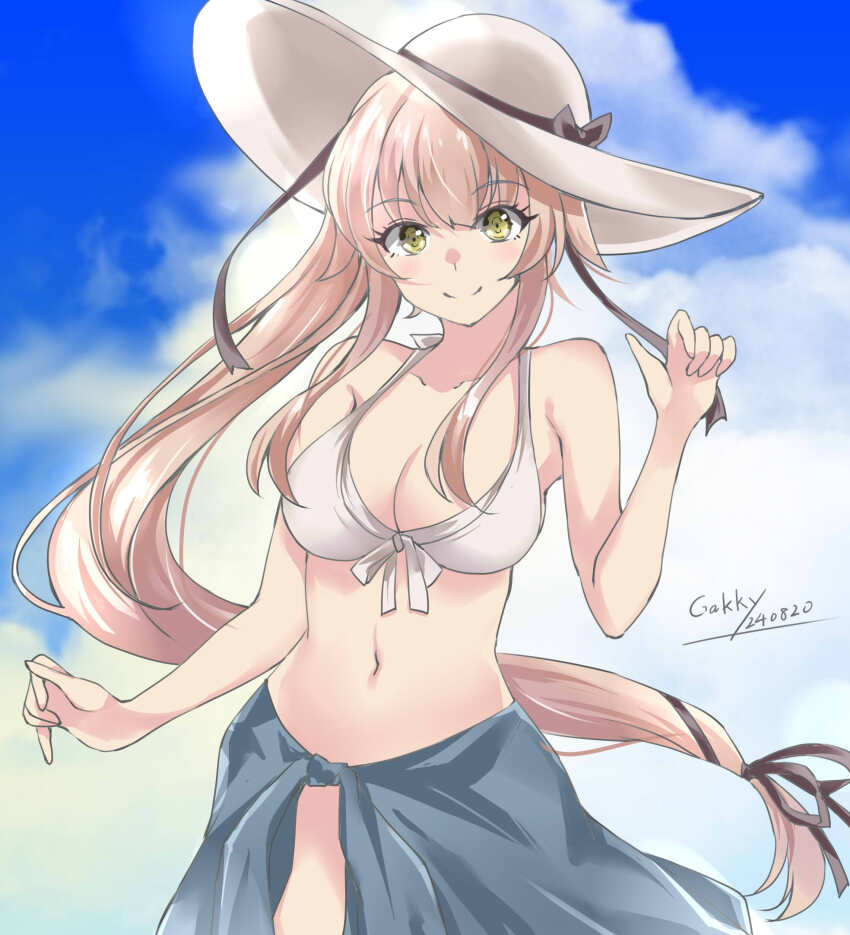 1girl artist_name beach bikini breasts brown_eyes collarbone cowboy_shot dated day gakky hair_flaps hair_ribbon hat highres kantai_collection long_hair looking_at_viewer medium_breasts navel official_alternate_costume outdoors pink_hair ponytail ribbon sarong solo sun_hat swimsuit very_long_hair white_bikini yura_(kancolle) yura_(swimsuit_mode)_(kancolle)