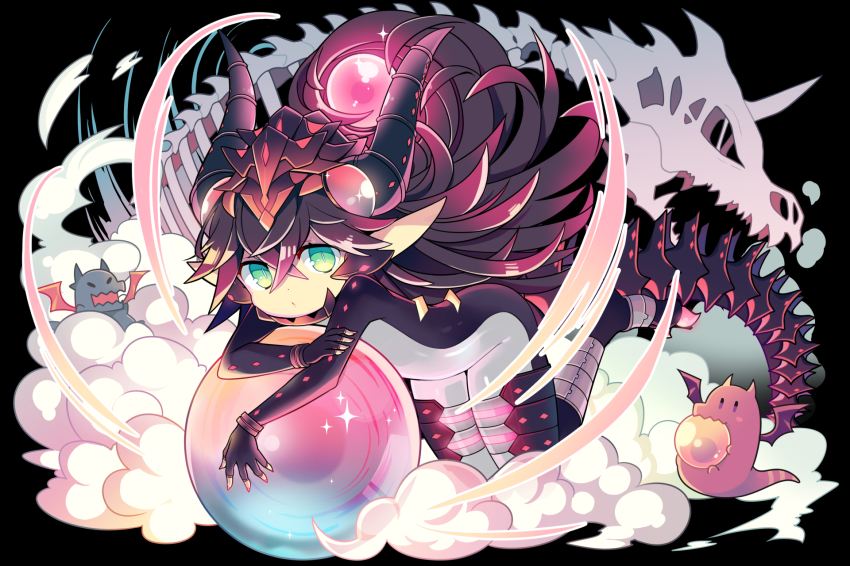 1girl black_hair bodysuit crystal_ball dragon dragon_girl dragon_horns dragon_tail dragon_wings green_eyes highres horns long_hair original pointy_ears skeleton smoke tail very_long_hair wings yuzuki_gao