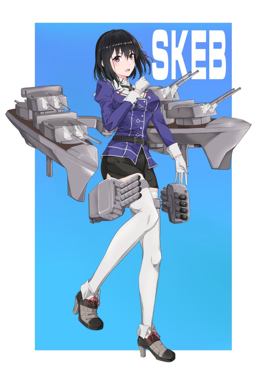 1girl absurdres black_hair black_skirt breasts brown_eyes commission full_body gloves haguro_(kancolle) haguro_kai_ni_(kancolle) hair_between_eyes high_heels highres jacket kantai_collection kukurus large_breasts long_sleeves looking_at_viewer open_mouth pencil_skirt rigging ship_turret shoes simple_background skeb_commission skirt solo thighhighs white_gloves white_thighhighs