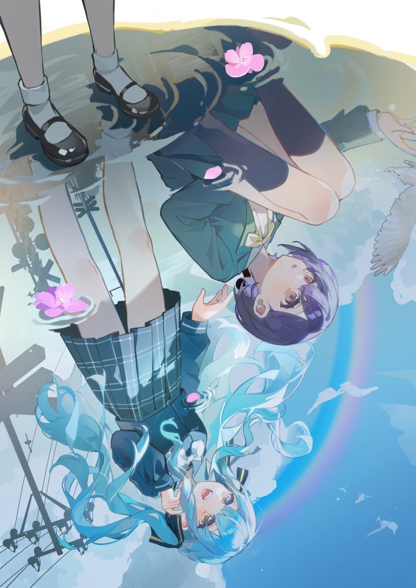 2girls absurdres bang_dream! bang_dream!_it&#039;s_mygo!!!!! bird black_footwear black_ribbon blue_hair blue_serafuku blue_shirt blue_sky chinese_commentary commentary_request day dove flower green_jacket hair_ribbon highres jacket kneehighs knees_together_feet_apart long_hair long_sleeves multiple_girls open_mouth out_of_frame outdoors pink_flower plaid_clothes plaid_skirt pleated_skirt power_lines puddle purple_hair rainbow red_eyes reflection reflection_focus ribbon school_uniform serafuku shirt shoes short_hair sidelocks skirt sky socks squatting standing takamatsu_tomori togawa_sakiko tsukinomori_school_uniform upside-down utility_pole white_socks yellow_eyes yuki_(miyuki_kii)