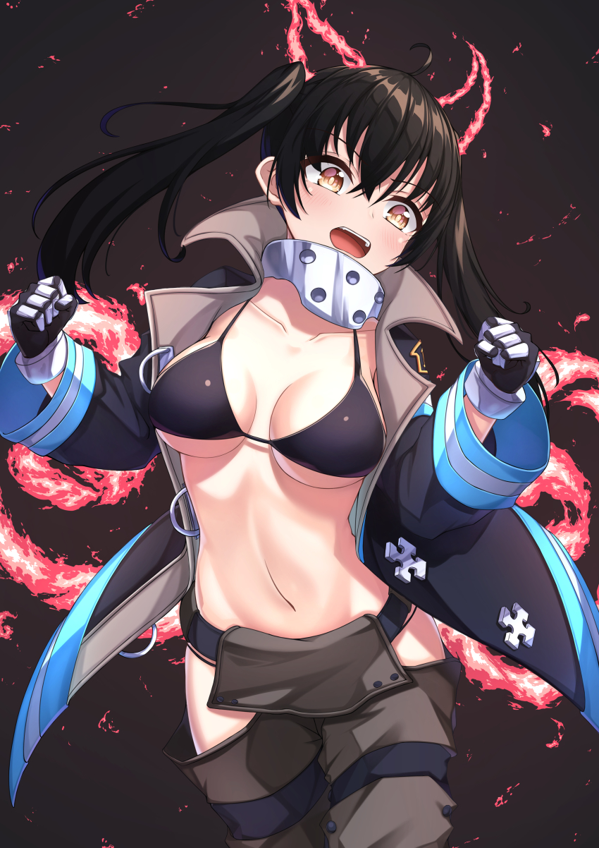 1girl absurdres ahoge baggy_pants bikini black_background black_bikini black_coat black_gloves black_hair breasts cleavage clenched_hands coat collarbone commentary cowboy_shot crossed_bangs en&#039;en_no_shouboutai fiery_ears fiery_tail fire gloves grey_pants groin hair_between_eyes highres hip_vent long_hair long_sleeves looking_away medium_breasts metal_gloves navel open_clothes open_coat open_mouth pants purple_eyes sidelocks simple_background solo standing stomach swimsuit tail takamitsu_k tamaki_kotatsu teeth twintails underboob upper_teeth_only