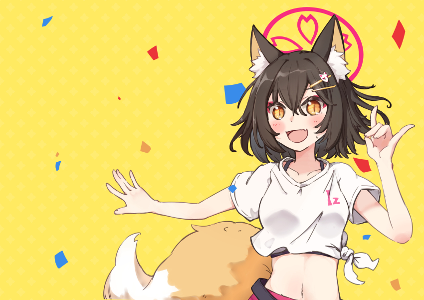 1girl :d absurdres alternate_costume animal_ear_fluff animal_ears blue_archive blush brown_eyes brown_hair collarbone commentary confetti cropped_shirt double-parted_bangs english_commentary fang fox_ears fox_girl fox_shadow_puppet fox_tail hair_between_eyes hair_ornament hairpin halo hand_up highres izuna_(blue_archive) looking_at_viewer medium_hair midriff open_mouth patterned_background red_halo shirt short_sleeves sidelocks skin_fang smile solo stomach tail tied_shirt tigerbudcat upper_body white_shirt yellow_background