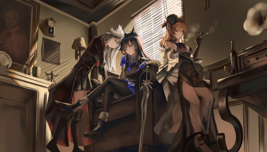 3girls absurdres animal_ears arknights black_coat black_dress black_footwear black_gloves black_hair black_hat black_skirt black_vest blue_gloves blue_necktie blue_shorts boots bottle breasts brown_hair chair cigar clock closed_mouth coat commentary crossed_legs cup dress drinking_glass elbow_gloves gloves grey_eyes grey_hair hat highres holding holding_cigar indoors knee_boots lappland_(arknights) lappland_the_decadenza_(arknights) long_hair long_sleeves looking_at_viewer medium_breasts mikkan multicolored_hair multiple_girls necktie official_alternate_costume open_mouth orange_eyes painting_(object) phonograph red_hair red_necktie scar scar_across_eye shirt shorts sitting skirt smoke smoking sora_(arknights) standing streaked_hair tail texas_(arknights) texas_the_omertosa_(arknights) vest white_shirt window window_blinds wine_glass wolf_ears wolf_girl wolf_tail