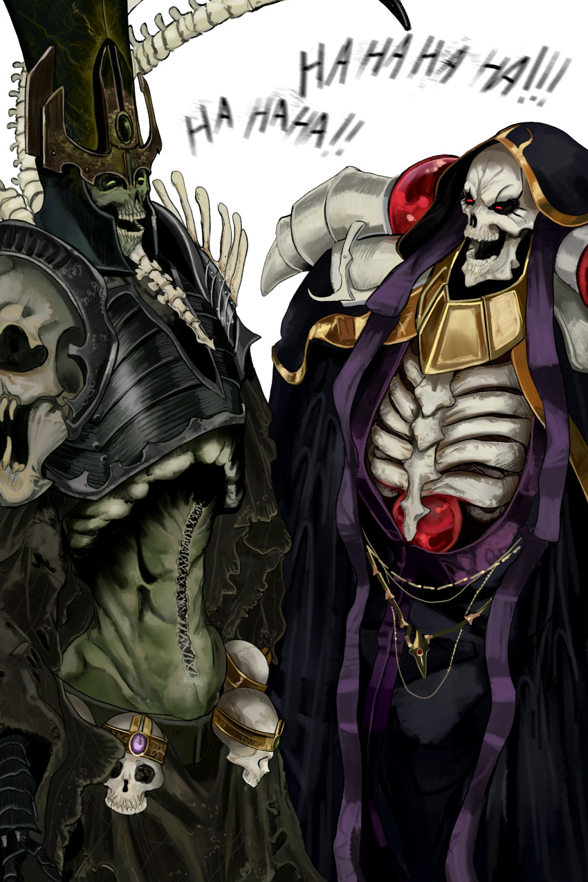 2boys absurdres ainz_ooal_gown black_cloak black_sclera bone cloak colored_sclera crossover green_eyes headdress highres hood hooded_cloak kkghost_tv laughing multiple_boys nagash necromancer overlord_(maruyama) red_eyes ribs skeleton skull stitched_torso stitches undead warhammer_fantasy