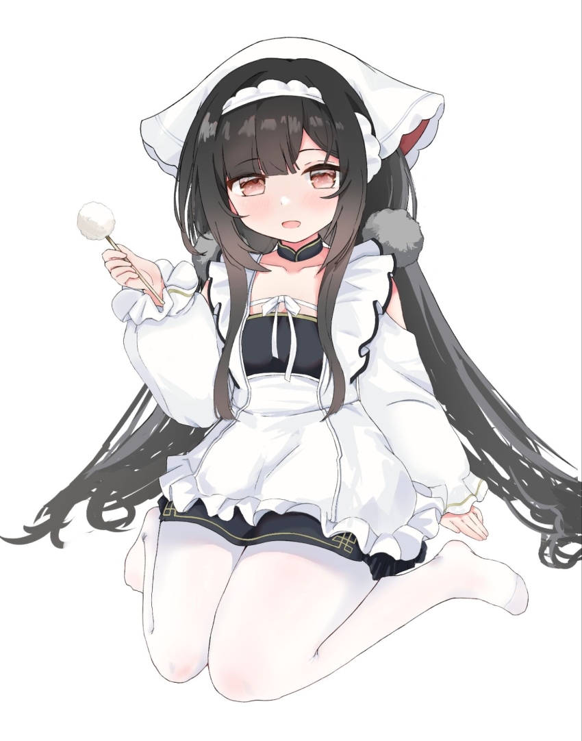 1girl azur_lane black_hair chang_feng_(azur_lane) cotton_swab dress frilled_dress frills hair_ornament hairband hand_up highres holding_cotton_swab light_blush long_hair long_sleeves looking_at_viewer maoyan1233 open_mouth pantyhose pom_pom_(clothes) pom_pom_hair_ornament sitting solo very_long_hair wariza white_dress white_hairband white_pantyhose