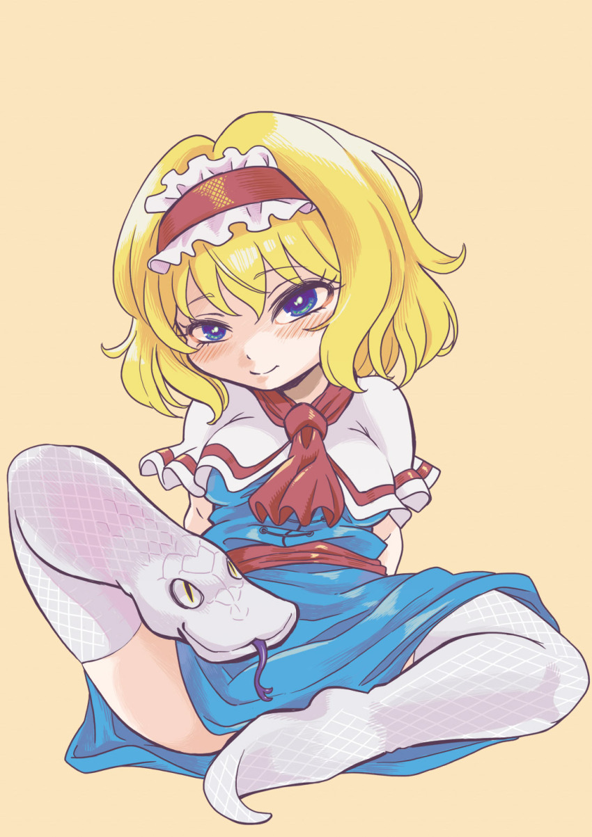 1girl alice_margatroid ascot blonde_hair blue_dress blue_eyes blush breasts capelet closed_mouth commentary_request cookie_(touhou) dress frilled_hairband frills full_body hairband highres ichigo_(cookie) looking_at_viewer medium_breasts medium_hair print_thighhighs red_ascot red_hairband red_sash sash simple_background sitting smile snake_print solo thighhighs touhou tsuzuchii white_capelet white_thighhighs yellow_background