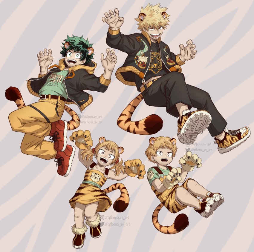 1girl 3boys animal_ears animal_hands animal_print athena_av bakugou_katsuki belt black_jacket black_pants black_shirt blonde_hair boku_no_hero_academia brown_eyes brown_footwear child chinese_zodiac claw_pose commentary dress english_commentary freckles gloves green_eyes green_hair green_shirt grey_background highres hood hood_down hooded_jacket jacket looking_at_viewer midoriya_izuku multiple_boys open_clothes open_jacket open_mouth overalls pants paw_gloves print_dress print_footwear print_overalls red_eyes red_footwear shimano_katsuma shimano_mahoro shirt shoes short_hair smile spiked_hair tail teeth tiger_boy tiger_ears tiger_girl tiger_print tiger_tail twintails twitter_username watermark year_of_the_tiger yellow_belt yellow_dress yellow_pants yellow_shoes