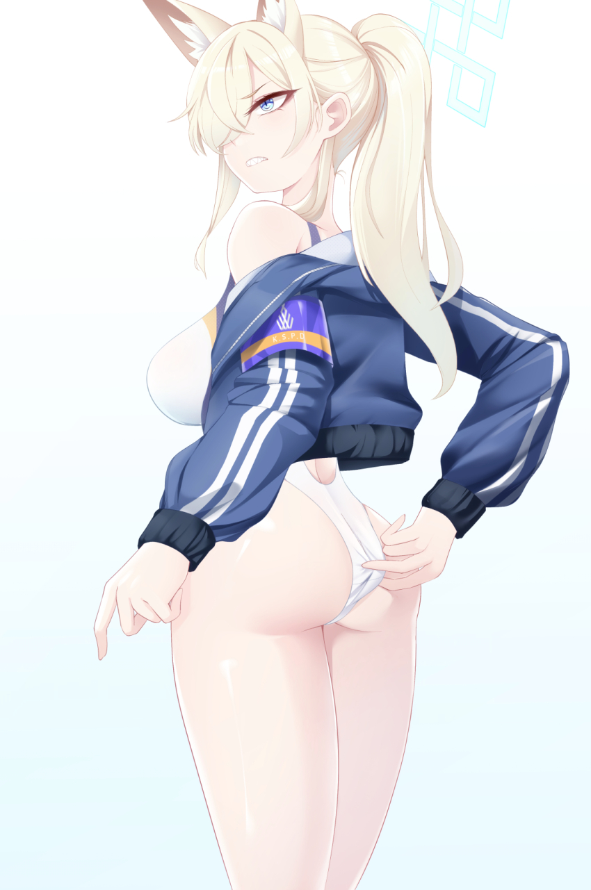 1girl adjusting_clothes adjusting_swimsuit angry animal_ear_fluff animal_ears armband ass back_cutout blonde_hair blue_archive blue_armband blue_eyes blue_halo blue_jacket breasts clothing_cutout competition_swimsuit cropped_jacket dog_ears extra_ears from_behind hair_over_one_eye halo highleg highleg_one-piece_swimsuit highres jacket kanna_(blue_archive) kanna_(swimsuit)_(blue_archive) large_breasts long_hair long_sleeves notched_ear off_shoulder official_alternate_costume one-piece_swimsuit open_clothes open_jacket ponytail purple_one-piece_swimsuit sharp_teeth shumiao simple_background solo swimsuit teeth white_background white_one-piece_swimsuit zipper