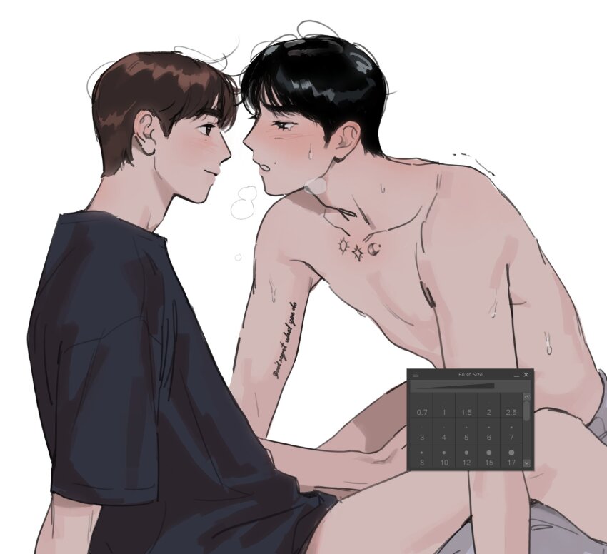 2boys arm_tattoo art_program_in_frame black_eyes black_hair black_shirt brown_hair censored chest_tattoo closed_mouth commentary eye_contact grey_pants haotmeal highres k-pop looking_at_another male_focus mole mole_above_mouth mole_under_eye multiple_boys novelty_censor pants parted_lips real_life shirt short_hair short_sleeves simple_background smile sung_han-bin sweat symbol-only_commentary tattoo topless_male white_background yaoi zerobaseone zhang_hao