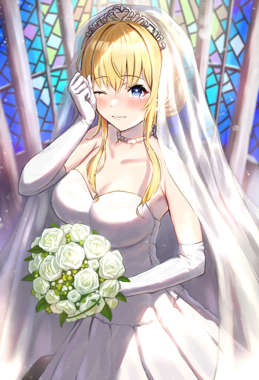 1girl absurdres blonde_hair blush bouquet breasts bridal_veil bride cleavage collarbone commentary_request darkness_(konosuba) dress elbow_gloves flower gloves grin highres holding holding_bouquet isome jewelry kono_subarashii_sekai_ni_shukufuku_wo! large_breasts necklace one_eye_closed pearl_necklace revision rose rubbing_eyes smile solo tears tiara veil wedding wedding_dress white_flower white_gloves white_rose wiping_tears