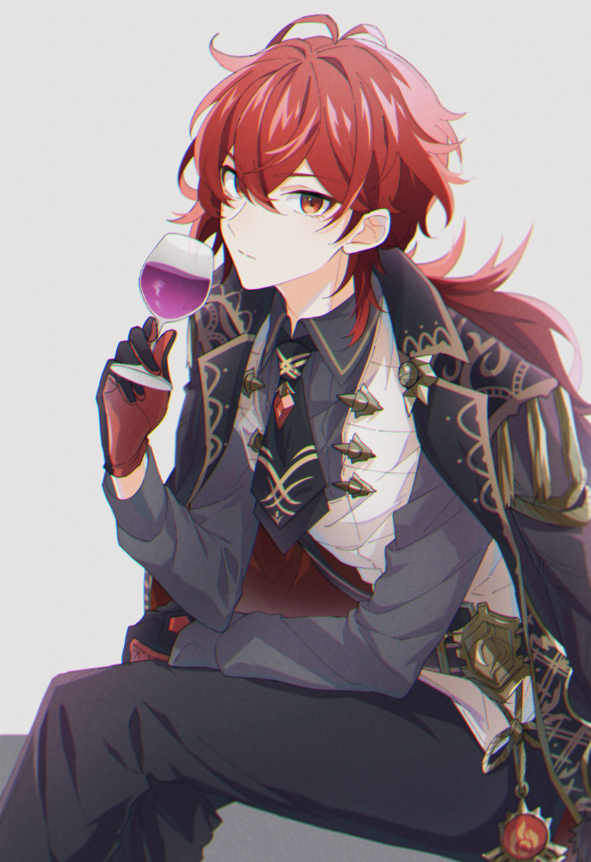 1boy absurdres black_gloves black_jacket black_necktie black_pants closed_mouth cup diluc_(genshin_impact) drinking_glass genshin_impact gloves hair_between_eyes highres holding holding_cup jacket long_hair long_sleeves male_focus mizuamememe necktie pants ponytail red_eyes red_hair shirt solo vest vision_(genshin_impact) white_vest wine_glass