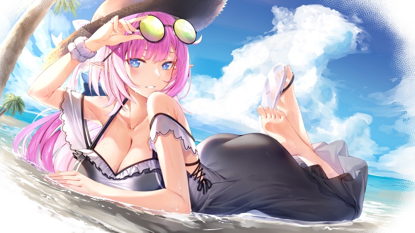 1girl absurdres bare_shoulders beach blue_eyes blush breasts cleavage collarbone elf elysia_(honkai_impact) highres honkai_(series) honkai_impact_3rd kei_(soundcross) large_breasts long_hair looking_at_viewer pink_hair pointy_ears smile solo