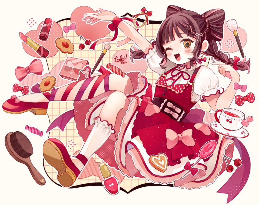 1girl :d arm_up asymmetrical_legwear blush bow bow-shaped_hair braid brown_hair candy checkered_background cherry collar cookie cosmetics cup dot_nose dress dress_bow floating food frilled_collar frilled_sleeves frills fruit full_body hair_brush hair_ribbon hand_up happy heart highres leg_ribbon lipstick lollipop long_hair looking_at_viewer makeup makeup_brush medium_dress nail_polish_bottle neck_ribbon one_eye_closed open_mouth orange_eyes original pink_bow polka_dot polka_dot_bow red_bow red_dress red_footwear ribbon shoes short_sleeves sidelocks signature single_sock smile socks tabi_0v0 teacup twin_braids white_background white_socks wrist_bow